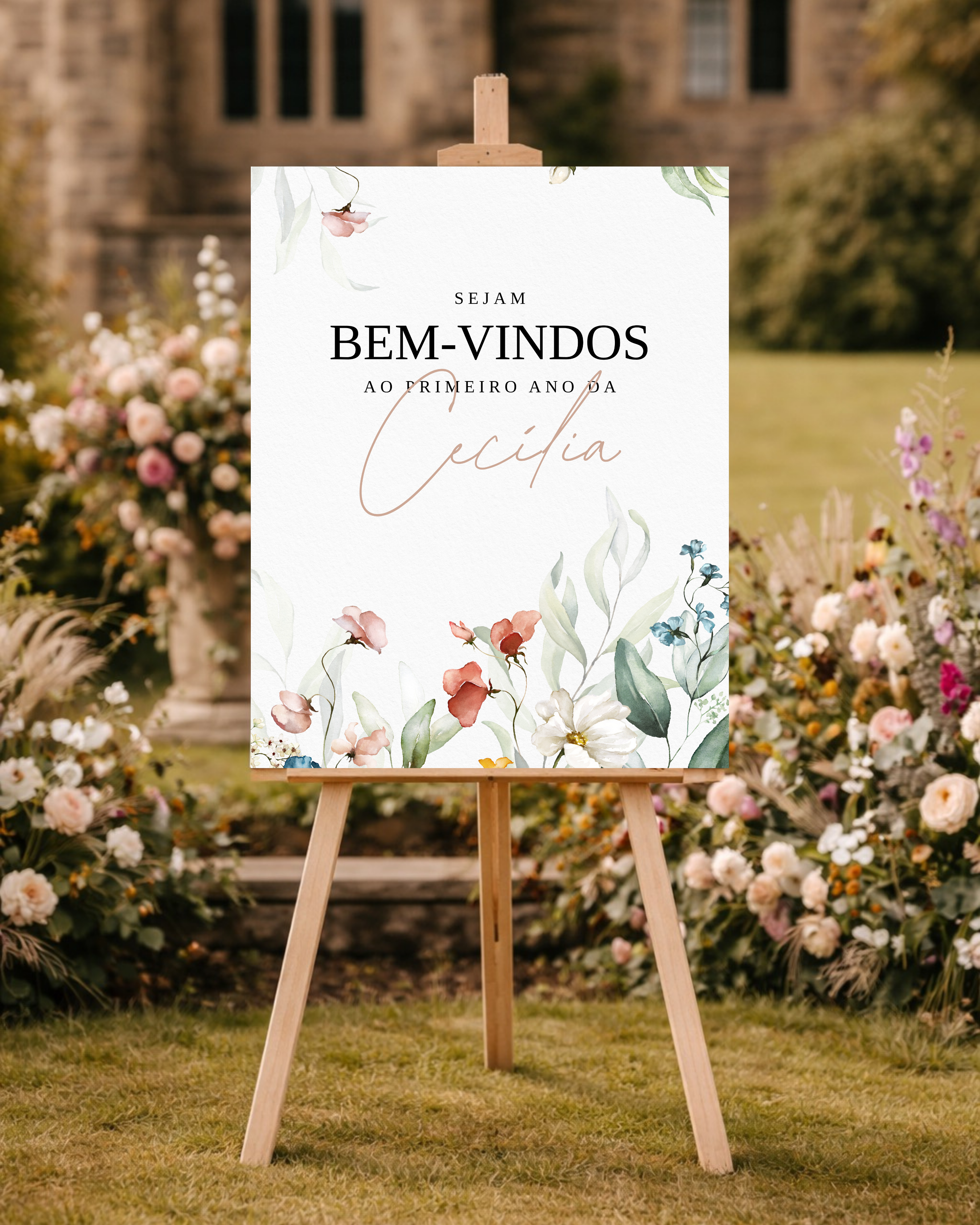 Welcome Sign Floral ONE, Template Editável Canva