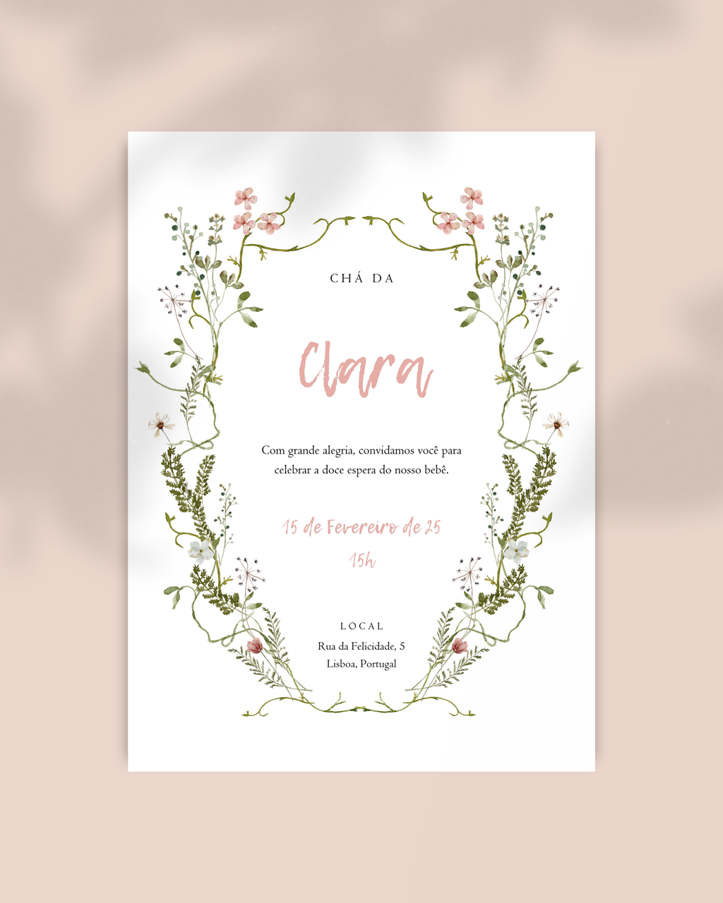 Convite Chá de Bebê Floral, Template Editável Canva