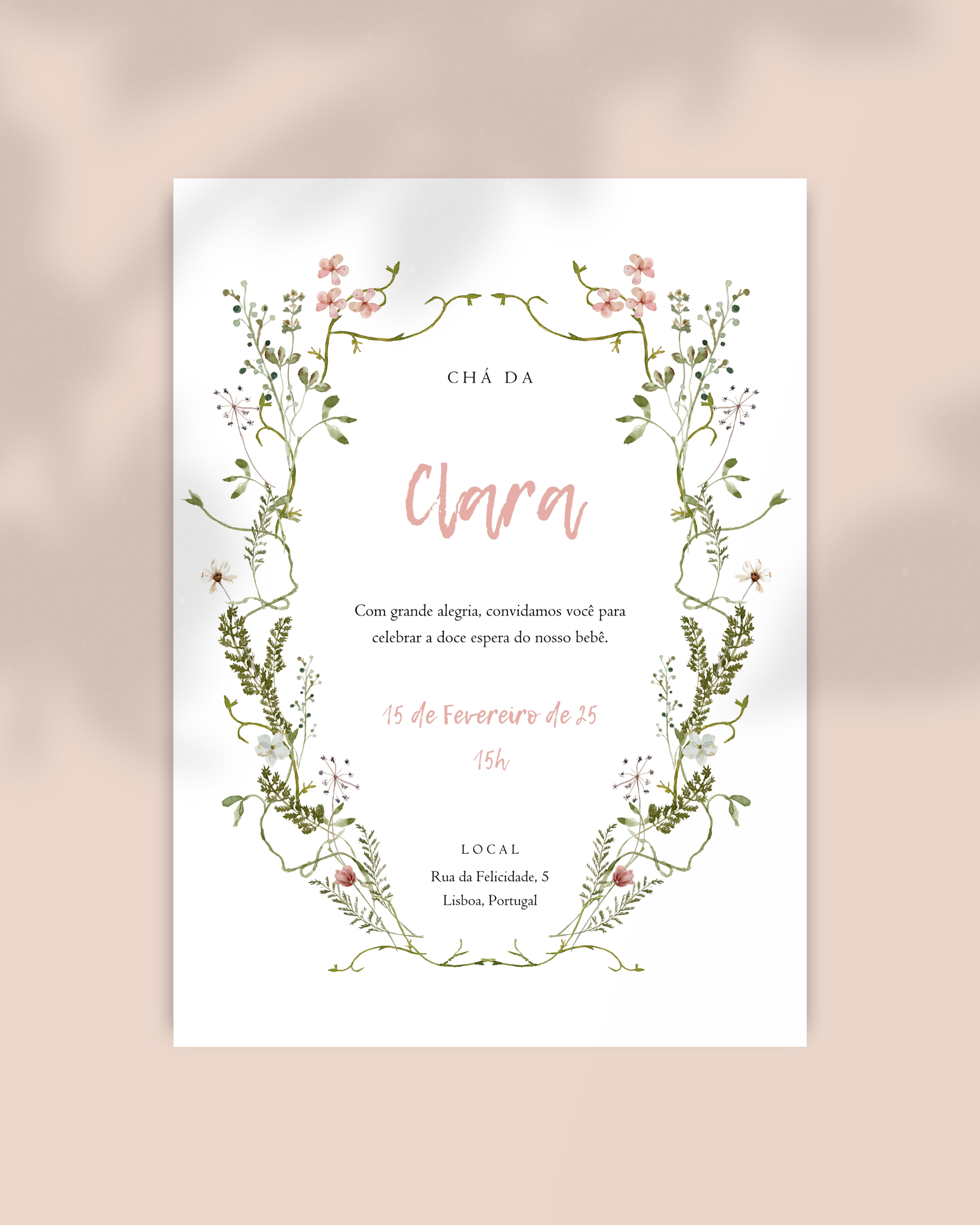 Convite Chá de Bebê Floral, Template Editável Canva