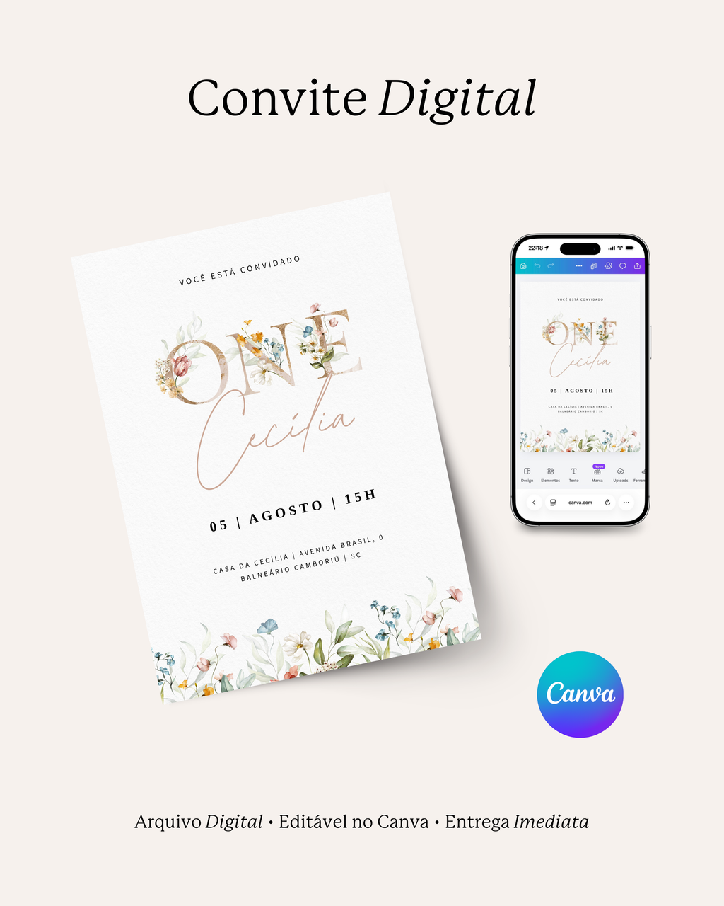 Convite Floral ONE, Template Editável Canva