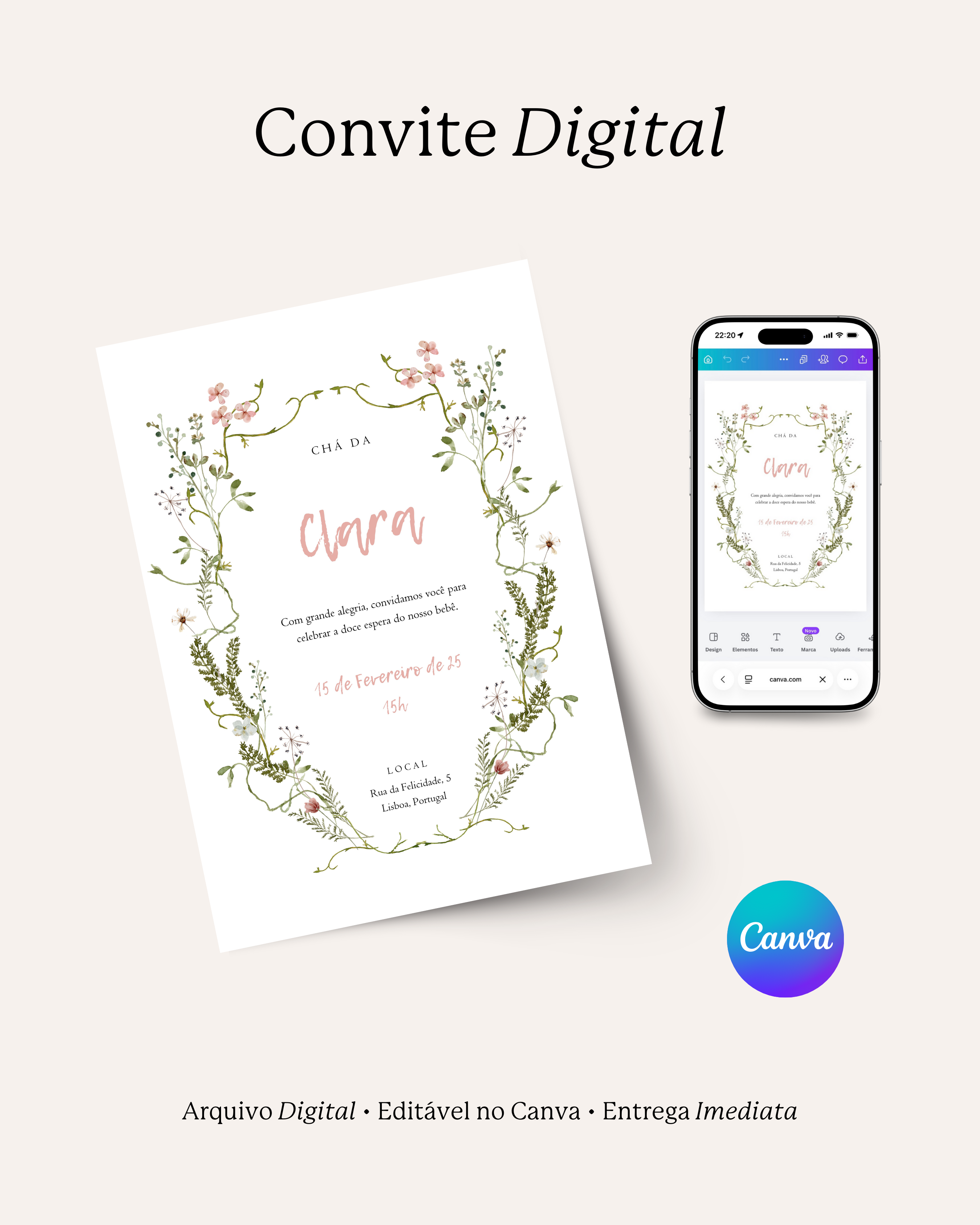 Convite Chá de Bebê Floral, Template Editável Canva